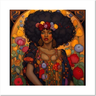 Beautiful Black Woman Woman with Flowers, Art Nouveau Posters and Art